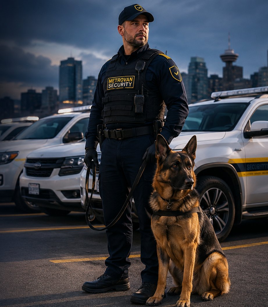 MetroVan Security Guard K-9 unit with German Shepherd and security vehicles in Vancouver